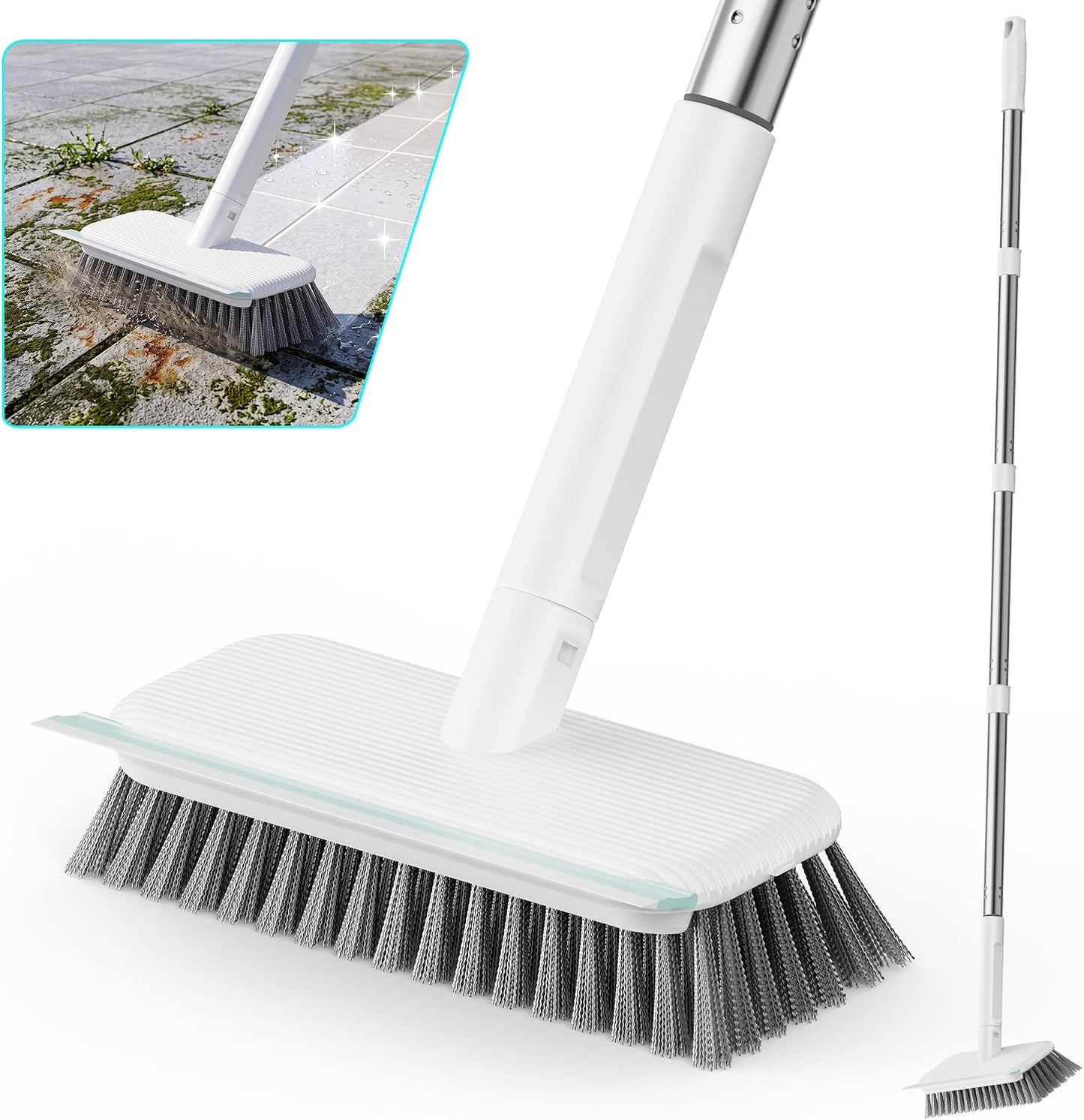 Floor Scrubber, Stainless Steel Wire Scrub Brush with Long Handle | Sturdy, with Squeegee, Deep Cleaning for Concrete, Patio, Driveway, Garage Floor, Pavers, Grout & Moss Removal