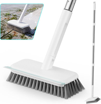 Floor Scrubber, Stainless Steel Wire Scrub Brush with Long Handle | Sturdy, with Squeegee, Deep Cleaning for Concrete, Patio, Driveway, Garage Floor, Pavers, Grout & Moss Removal