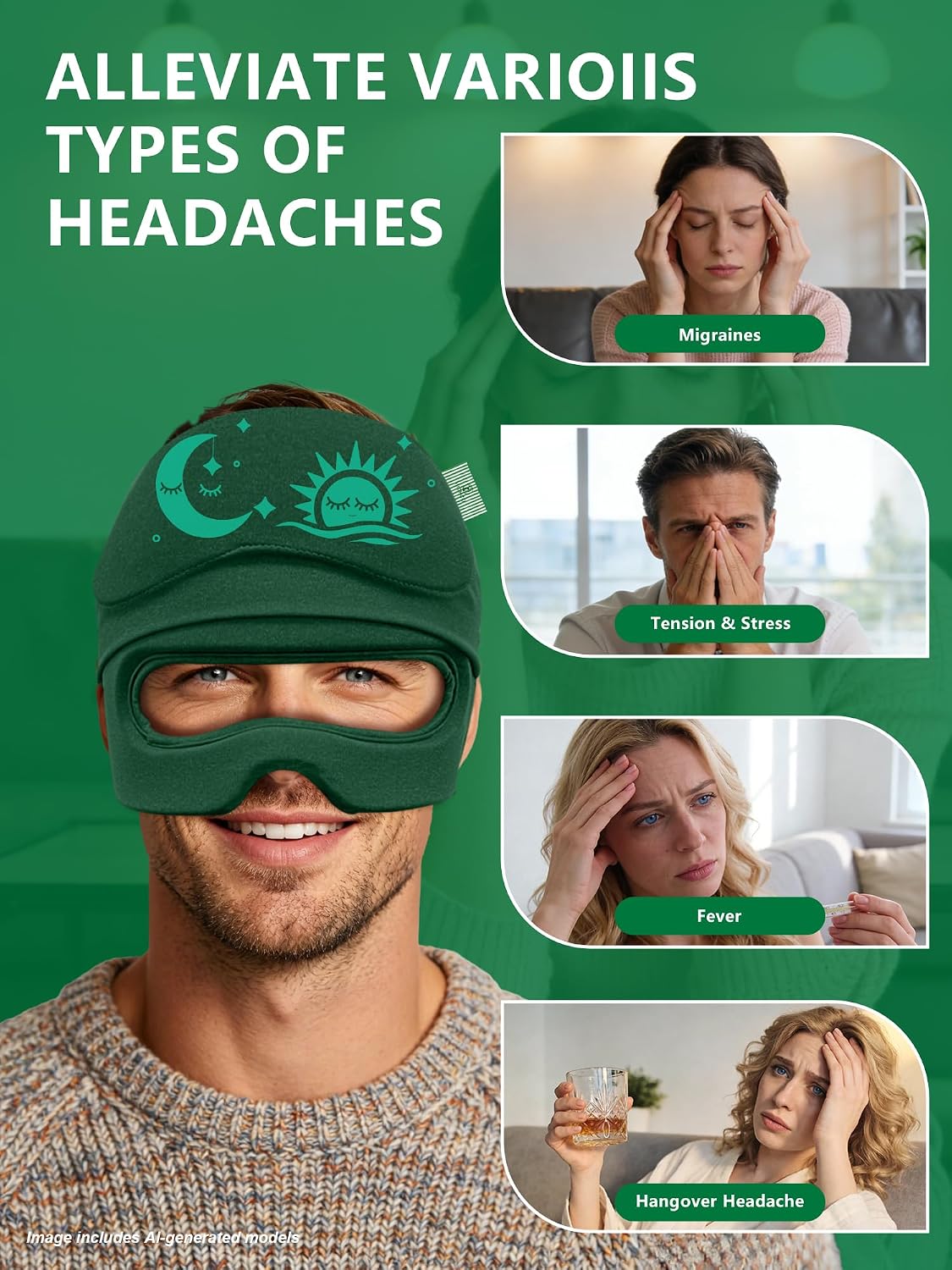 Migraine Relief Cap with Flip-up Eye Mask for Headache & Stress Relief | Headache Relief Hat for Hangover, Tension-Cold Compress Head Wrap