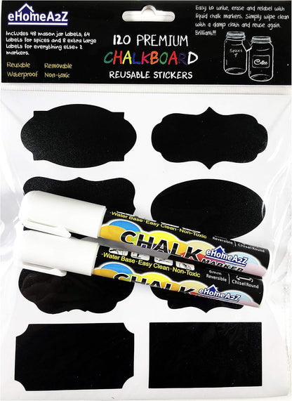 Chalkboard Jar Labels for Canning Mason Jars Premium Reusable Stickers Glass Chalk + 2 Large Erasable Markers (120 Labels)