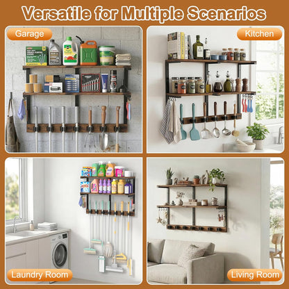 Housolution Wall Mount Broom Holder Hanger Laundry Room Storage Shelves | Thickened Metal Frame, 100 LBS High Load-Bearing, Large Capacity, Multifunctional with 7 Grippers & 8 Hooks