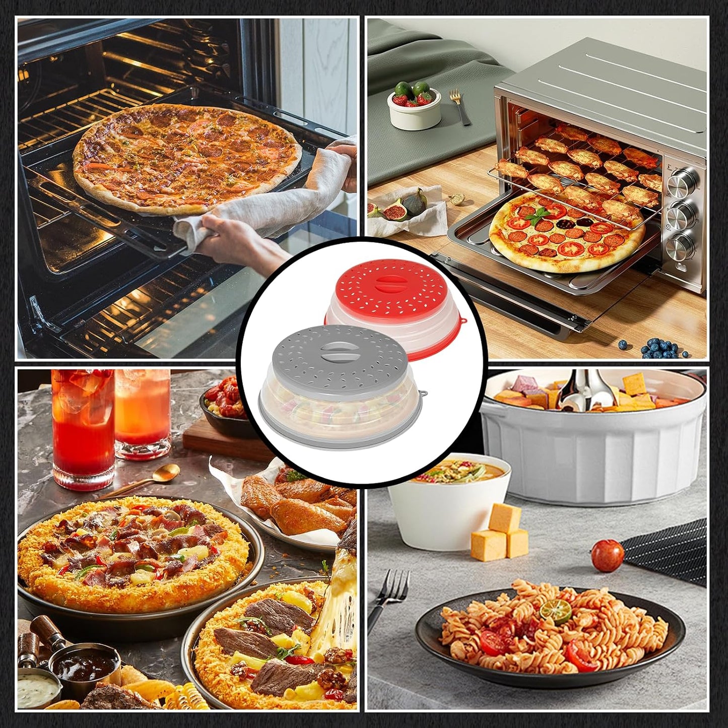 2 Pack Collapsible Microwave Splatter Cover, Red & Grey | Vented Microwave Splatter Guard Food Cover with Hook Hole, Vegetable Fruit Colander Multi-function Kitchen Gadget