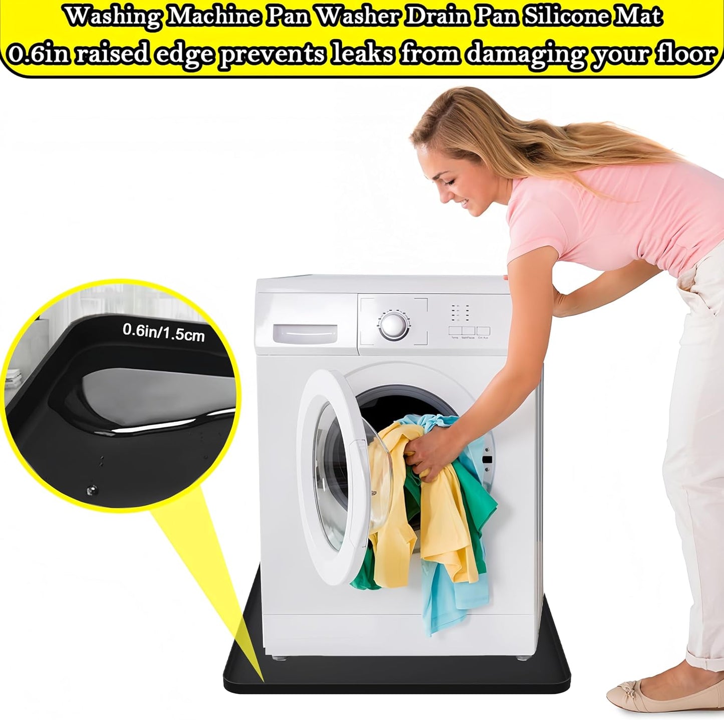 27×27inch Washer Drain Pan Silicone Mat, With Raised Edge Washing Machine Silicone Mat, Multi-function Non Slip, Soft Foldable Portable Waterproof Pad（black）