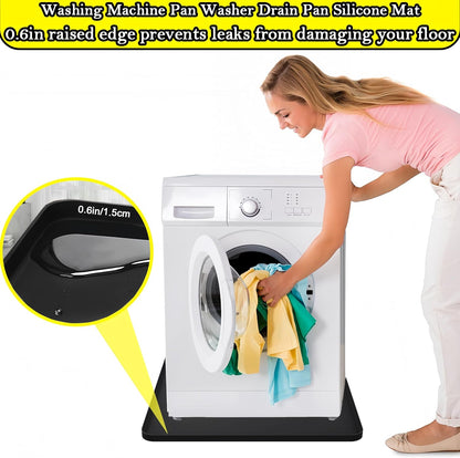 27×27inch Washer Drain Pan Silicone Mat, With Raised Edge Washing Machine Silicone Mat, Multi-function Non Slip, Soft Foldable Portable Waterproof Pad（black）