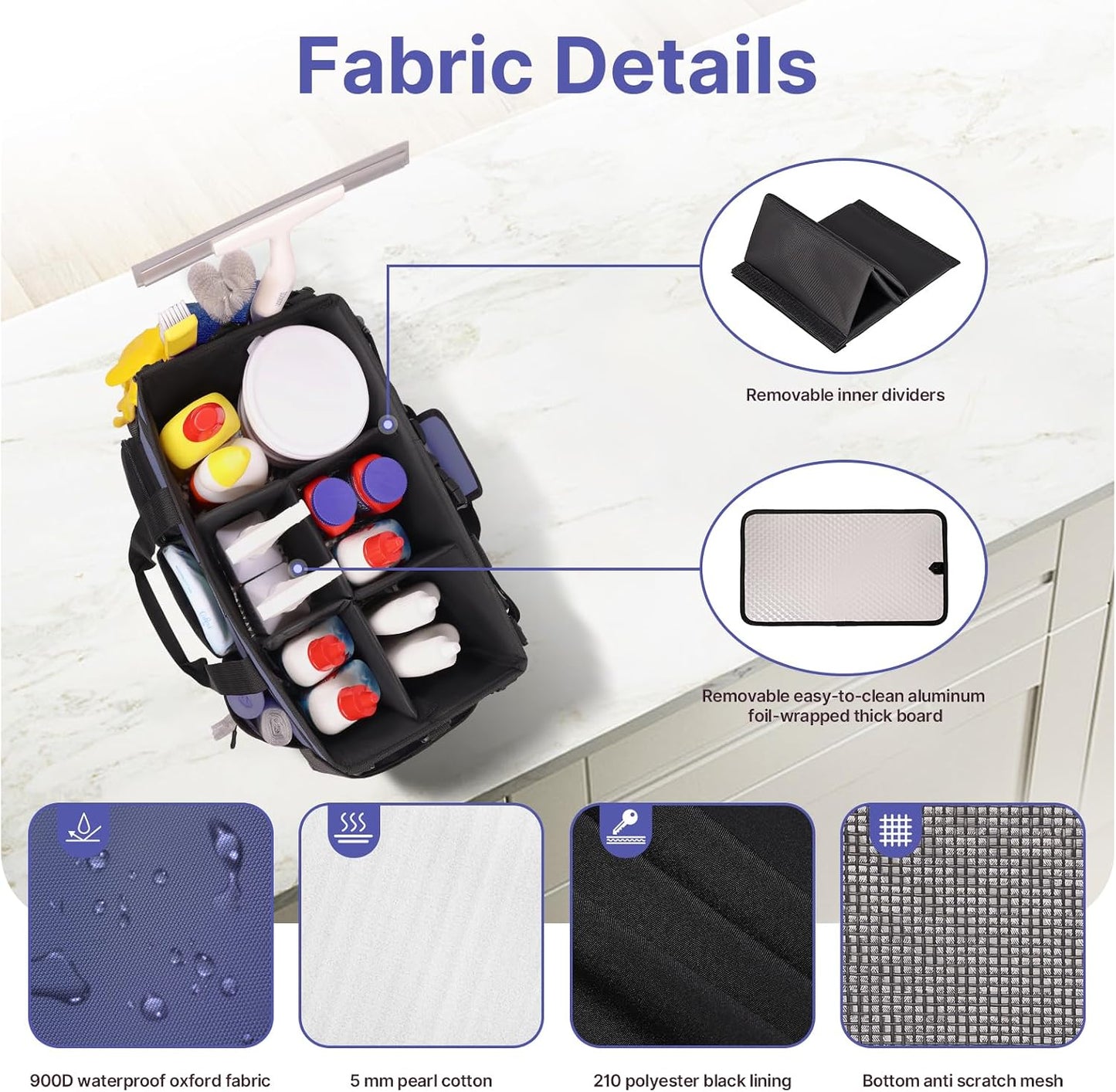 JKAOO Large Wearable Cleaning Caddy Bag with Handles, Denim Blue | Adjustable Shoulder & Waist Straps, Removable, Waterproof Tote for Cleaning Supplies, Home, Car, Office