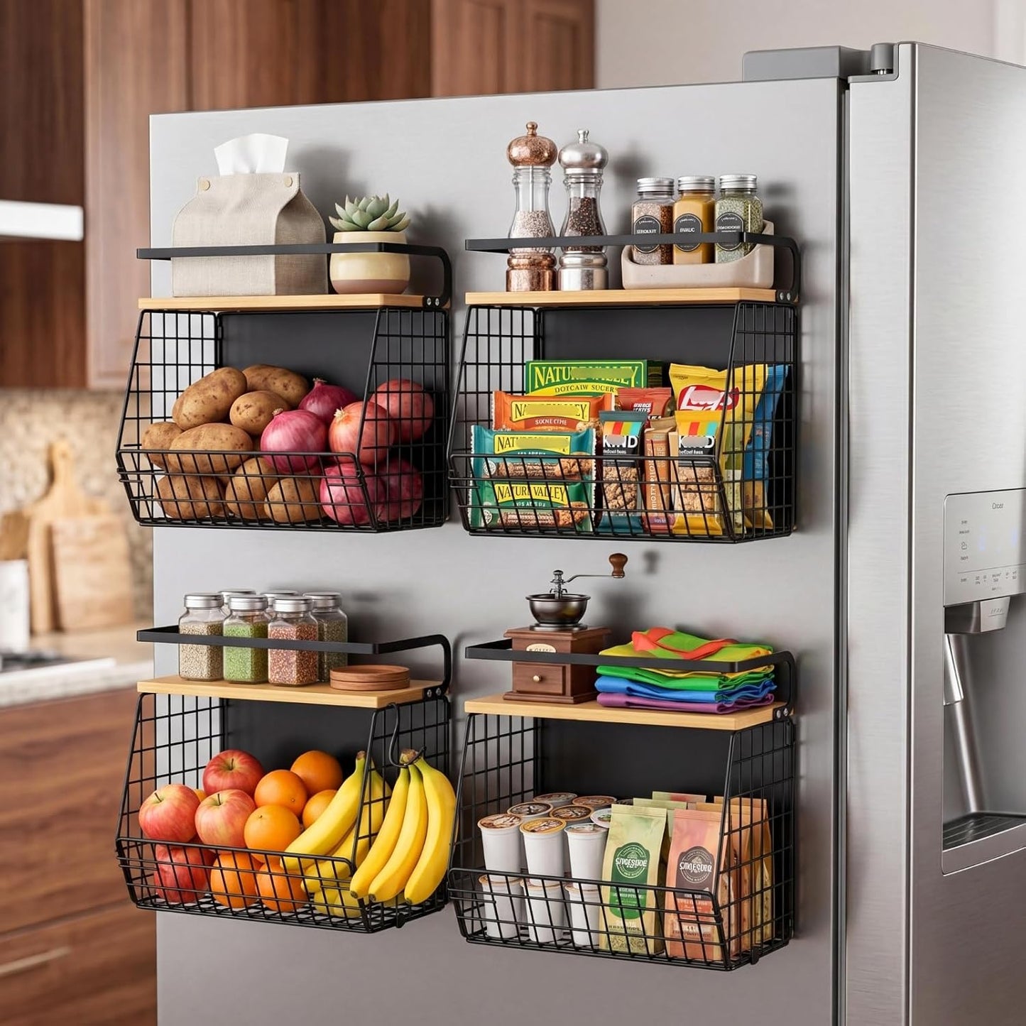 Magnetic Shelf for Fridge with Wood Lid, Fruit Potato and Onion Storage Bins, Pantry Organizers & Storage, Large Container Magnetic Spice Rack for Refrigerator, Kitchen Counter, Cabinet | Strong magnet holds 50lbs, ventilated bin for produce, versatile