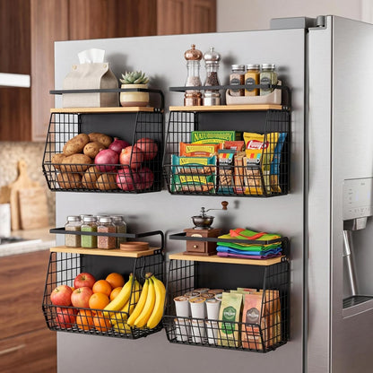 Magnetic Shelf for Fridge with Wood Lid, Fruit Potato and Onion Storage Bins, Pantry Organizers & Storage, Large Container Magnetic Spice Rack for Refrigerator, Kitchen Counter, Cabinet | Strong magnet holds 50lbs, ventilated bin for produce, versatile