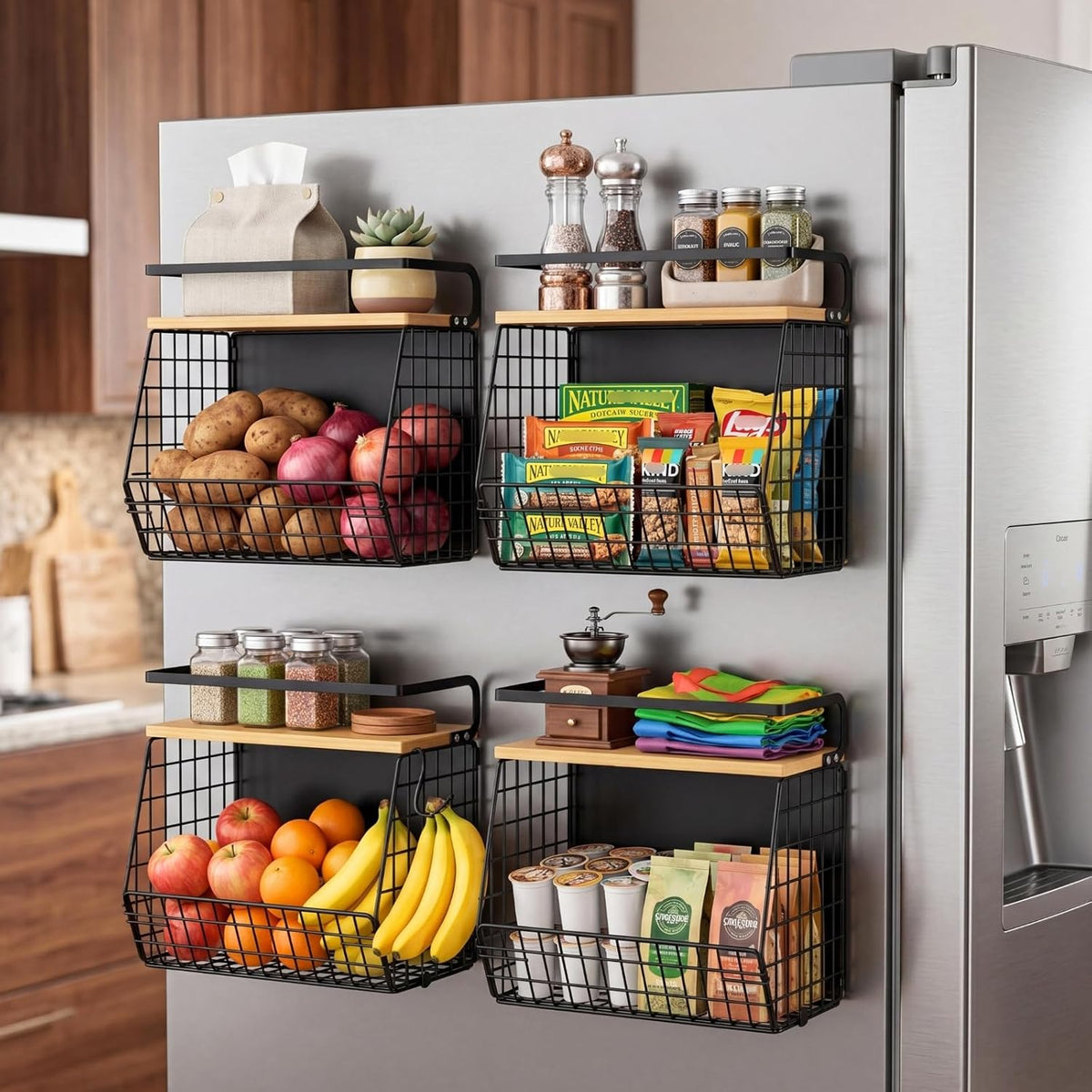 Ofiray-home Magnetic Shelf for Fridge with Wood Lid, Fruit Potato and Onion Storage Bins, Pantry Organizers & Storage, Large Container Magnetic Spice Rack for Refrigerator, Kitchen Counter, Cabinet