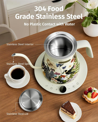 INFOOD 0.8L Gooseneck Electric Kettle, Precise Temperature Control for Pour Over Coffee & Tea, 1200W Fast Boiling Water, Auto Shut Off, Scheduling, Stainless Steel, Floral Painted Design