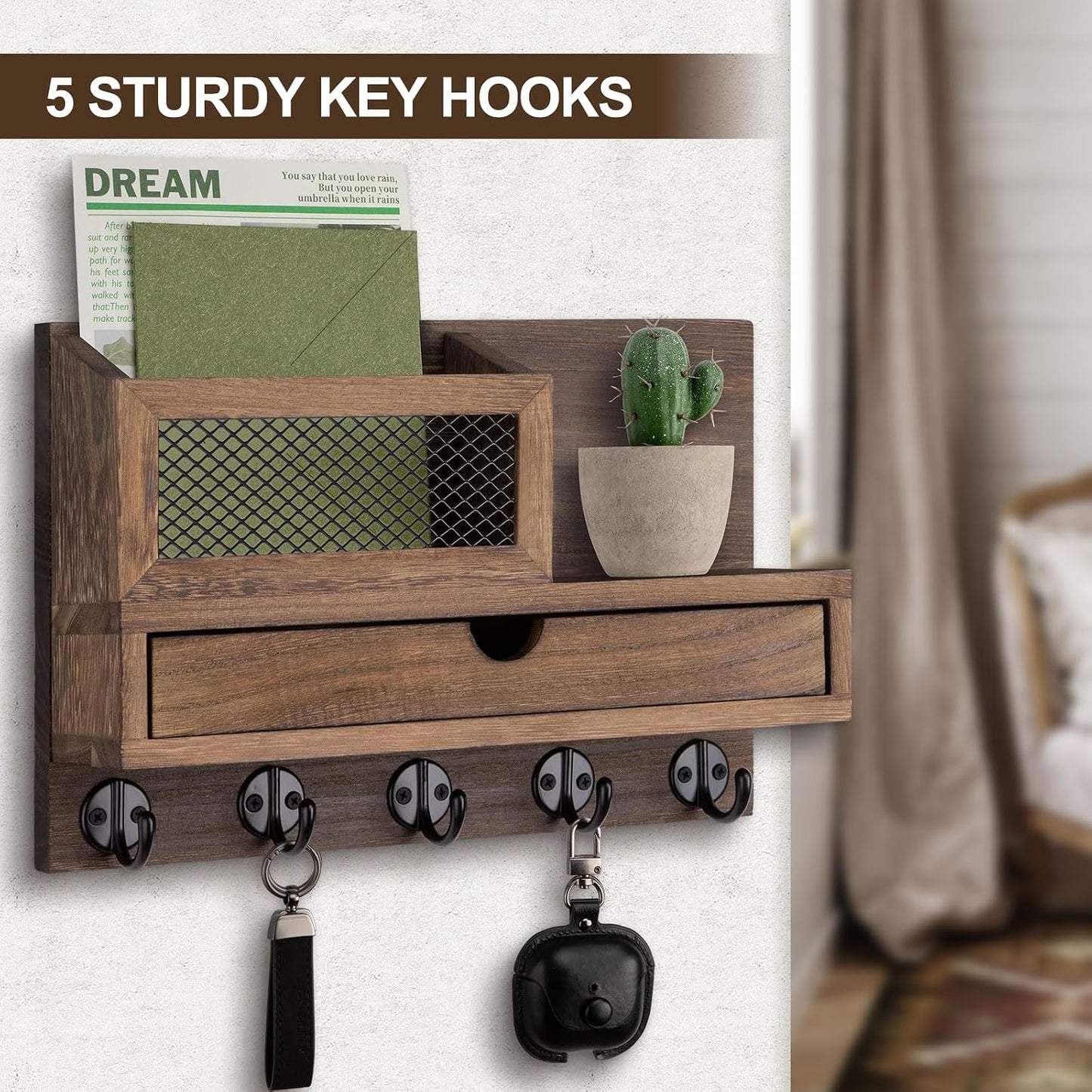 Key Holder for Wall with 5 Key Hooks and Storage Drawer | Key Holder Wall Mount, Mail Organizer for Entryway Living Room Farmhouse Home Decor