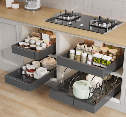 Seinloes 2Pack Pull out Cabinet Organizer 21"Deep with 4 Adjustable Dividers,Expandable（12.1"-20.4"W） Pots and Pans Organizer Under Cabinet with Raising Pad for Framed Cabinets,Slide out Drawers,White