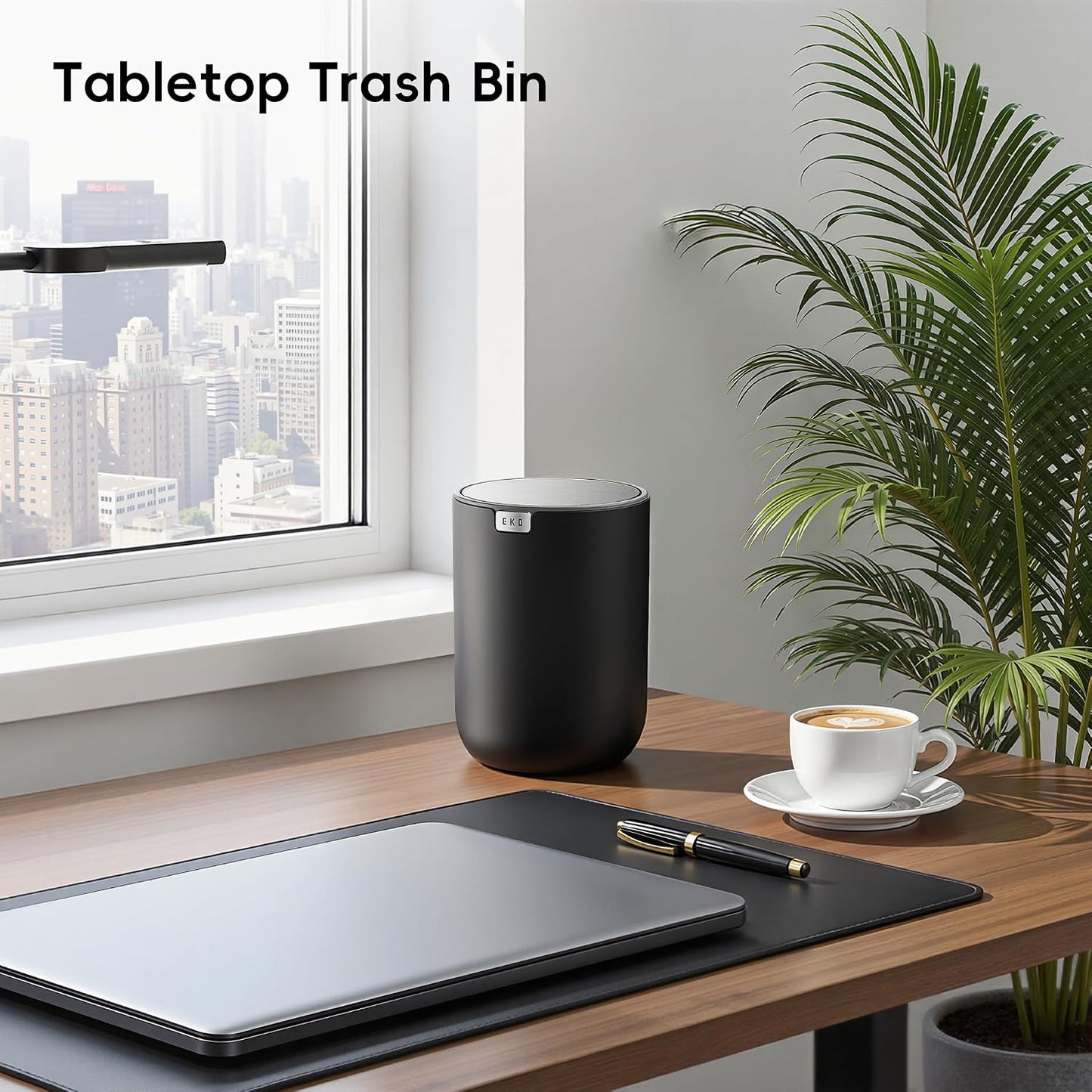 EKO Fandy 0.58 Gal/2.2L Mini Trash Can with Lid, Swing-Top Desktop Trash Can for Bathroom, Countertop, Vanity, Desk or Office, Small Garbage Bin (Blue)