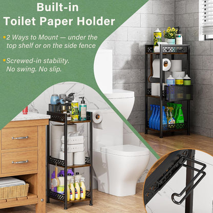 Bathroom Organizers and Storage Shelf with Toilet Paper Holder | 3-Tier freestanding 9.85″ narrow bathroom storage rack, With 3-compartment basket, hooks and non-slip feet, Rustic farmhouse