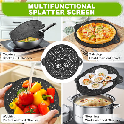 Silicone Splatter Screen for Frying Pan - 11 Inch Heat-Resistant Silicone Grease Splatter Guard, Multi-Use Oil Splash Guard for Kitchen Cooking Pan Cover, Dishwasher Safe
