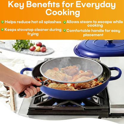 8'' Splatter Screen for Frying Pan,Stainless Steel Grease Splatter Guard | with Fine Mesh and Heat-Resistant Handle, Kitchen Oil Splash Guard for Cooking and Frying