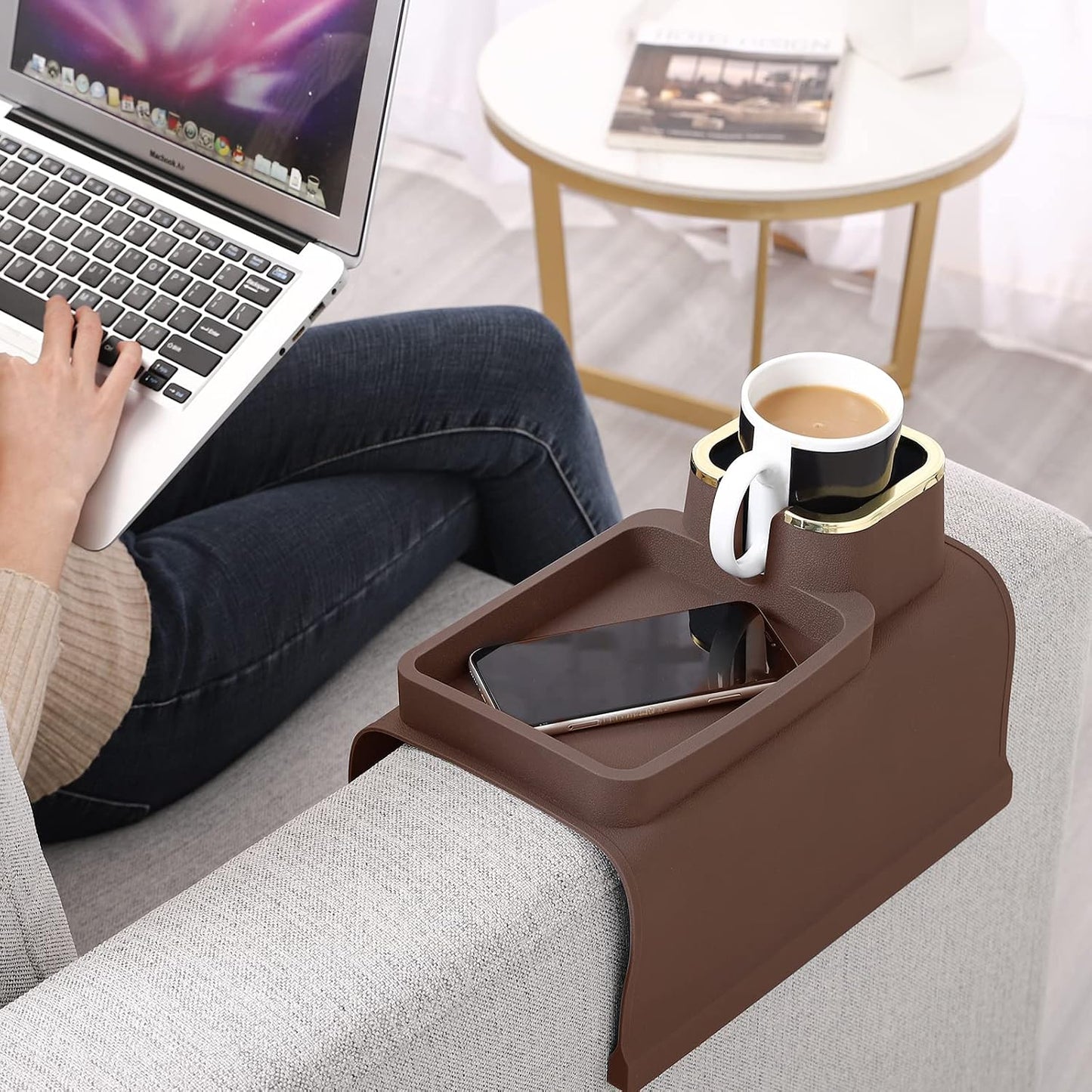 HMASYO Couch Cup Holder Tray – Weighted Silicone Sofa Armrest Organizer Table with Anti-Spill Coaster, Easy Reach for Drink, Snacks, Remote & Phone, Non-Slip Base, Easy Clean