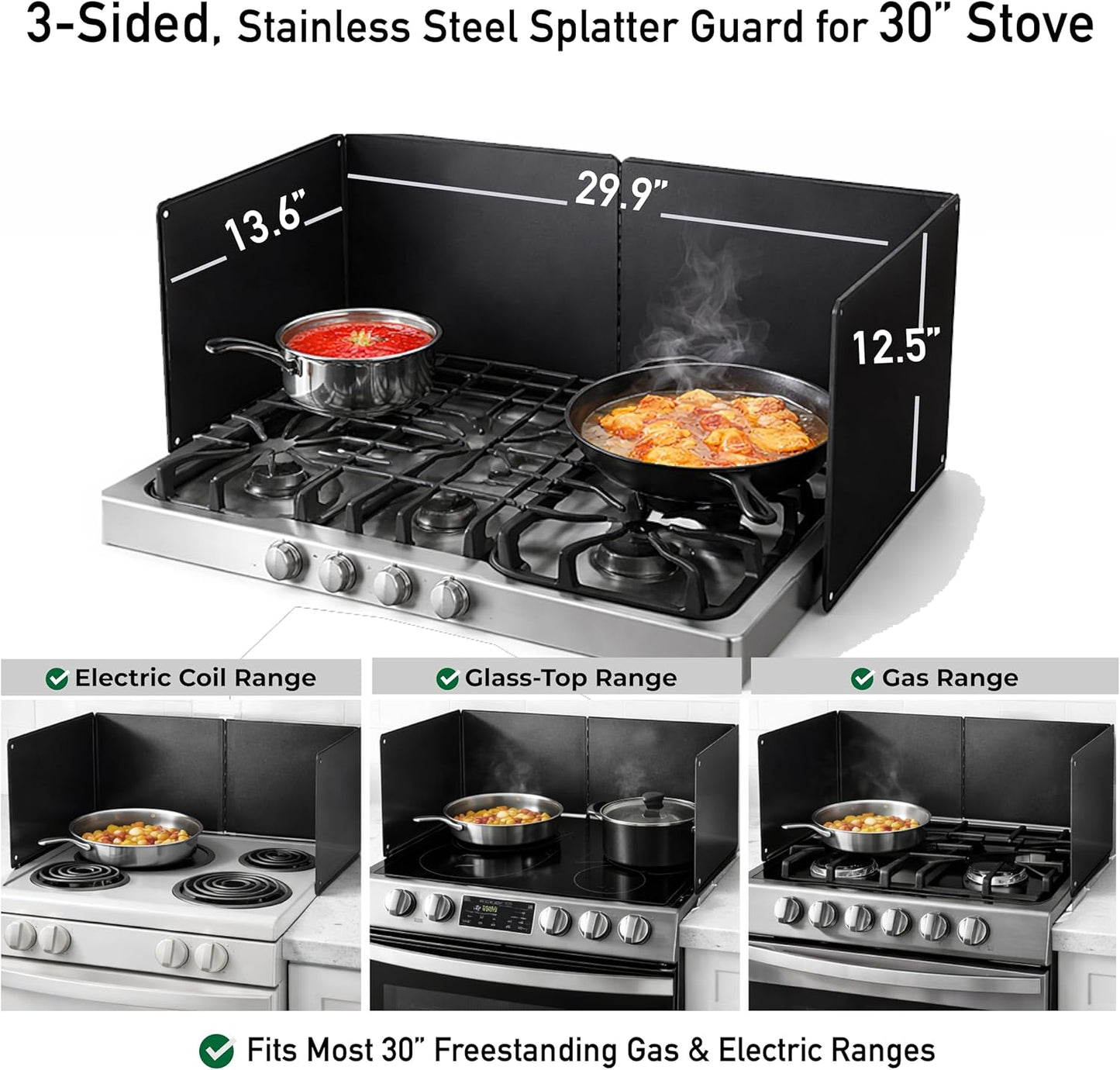 Foldable, Nonstick, Grease Splatter Guard for Stove Top by Baetle– Heavy-Duty Stainless Steel Oil Splash Shield, Premium Black Style, 29.5" Wide Back Panel, 13.6" Deep–with Spoon Rest
