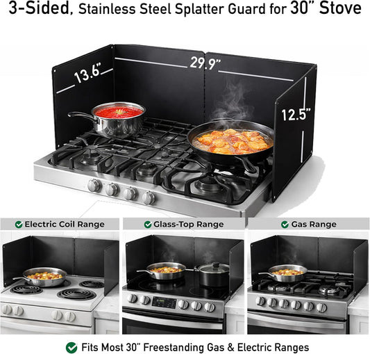 Foldable, Easy-Clean, Grease Splatter Guard for Stove Top by Baetle– Heavy-Duty Stainless Steel Oil Splash Shield, Premium Black Style, 29.5" Wide Back Panel, 13.6" Deep–with Spoon Rest