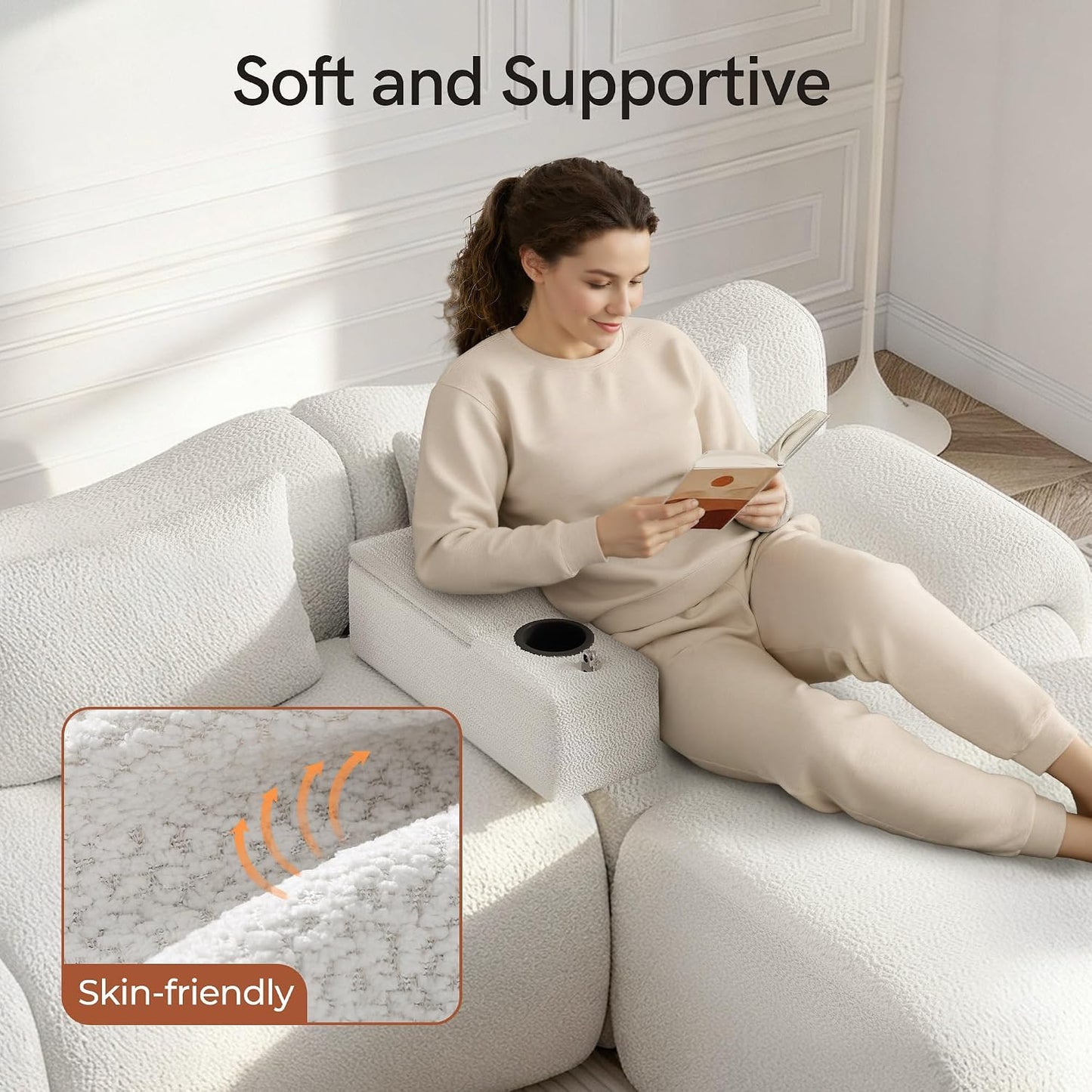 Couch Caddy with Cup Holder, 20.3 Inch White Armrest Console | Removable Sofa Armrest Organizer with Charging and Phone Holder, Storage for Remotes, Snacks and Everyday Essentials