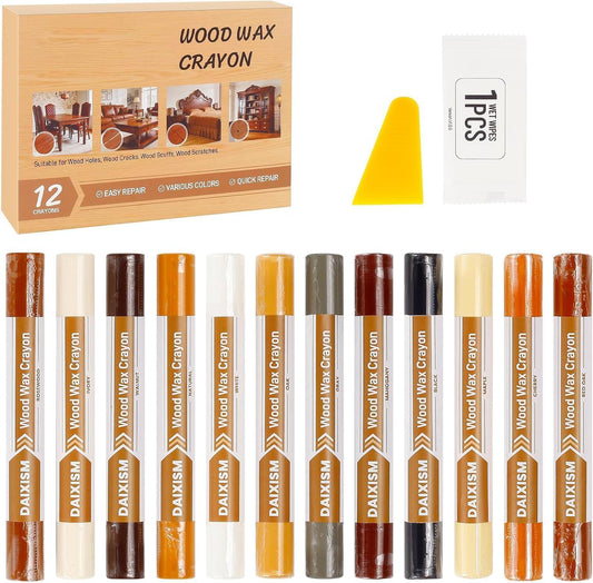 12 Colors Wood Filler Sticks,Wood Repair Wax Crayons Furniture Touch Up Kit,Repair Pen for Hardwood Floors Cabinets Tables Doors Laminate,Restore Scratches Cracks Nail Holes and Surface Damages