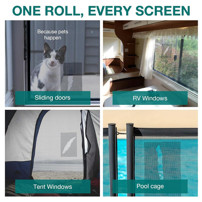 Window & Door Screen Repair Tape, 2in x 33ft Black Mesh Patch Kit | Strong waterproof adhesive resists sun & rain; flexible mesh patch plus cleaning brush for window screens, doors, RV & tents