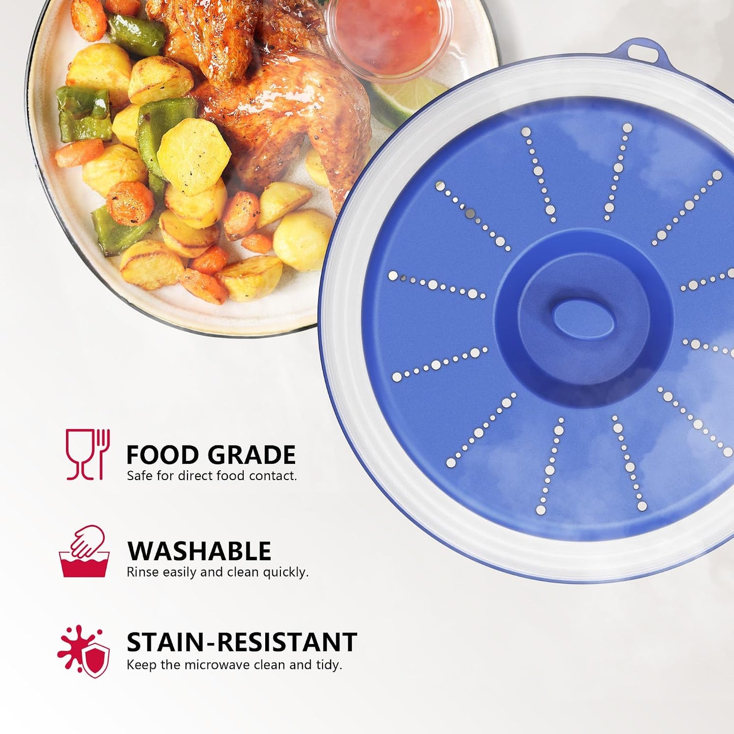 WVM Microwave Splatter Cover Vented for Food with Hook Hole, Splatter Guard & Colander Kitchen Gadget for Food, Meal Prep, Grey