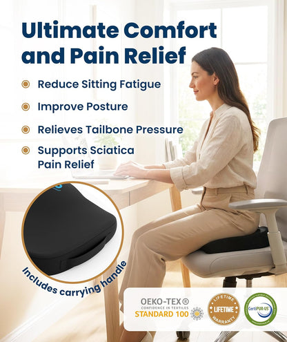 Everlasting Comfort Doctor Recommended Memory Foam Seat Cushion for Office Chairs & Car - Ergonomic Office Desk Accessories - Cushions for Tailbone Pain Relief, Sciatica (Black, Large)