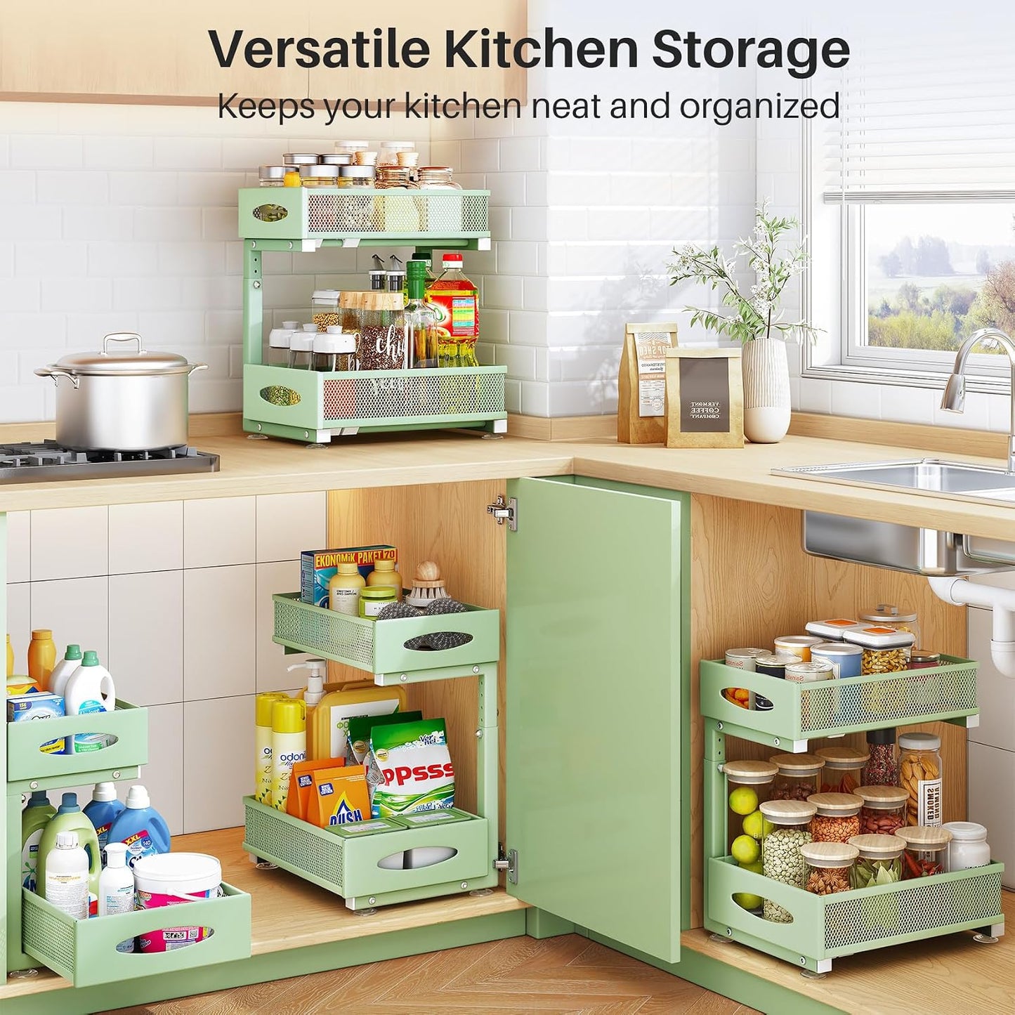 Under Sink Organizer, 2 Tier Pull out Cabinet Organizer Baskets with Mesh Sliding Drawers, Slide out Storage Shelf for Home, Kitchen, Bathroom, Pantry, Office Cabinet, Countertop(1 Pack)