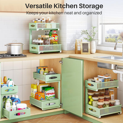 Under Sink Organizer, 2 Tier Pull out Cabinet Organizer Baskets with Mesh Sliding Drawers, Slide out Storage Shelf for Home, Kitchen, Bathroom, Pantry, Office Cabinet, Countertop(1 Pack)