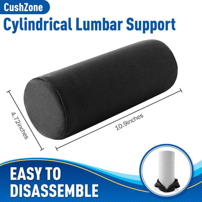 CushZone Lumbar Roll Support Pillow, Memory Foam Back Cushion, Black