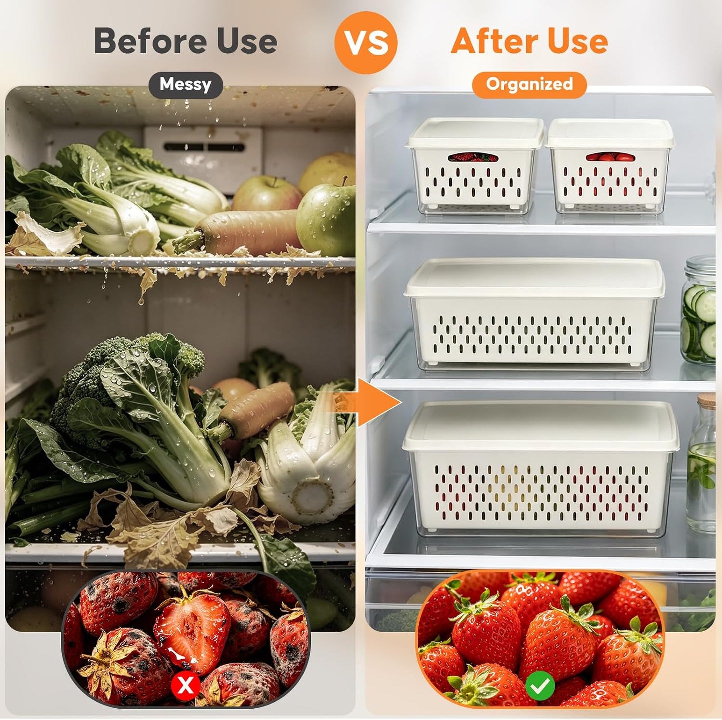 Fruit Storage Containers for Fridge, 4 Pack Plastic Food Storage Container | Fruit Containers Set with Removable Colander, Produce Saver Keep Berry Fruits Vegetables Meet Fresh Longer, Dishwasher Safe