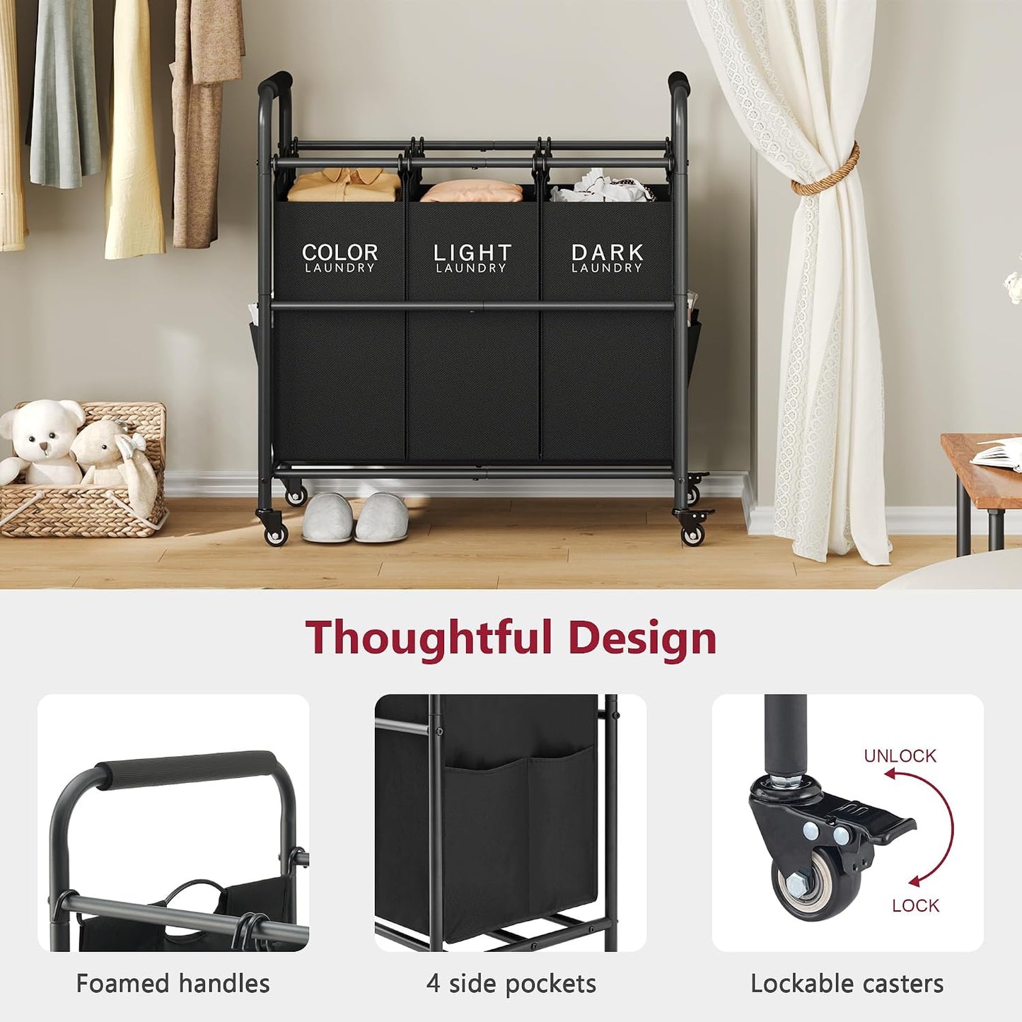2 Bag Laundry Sorter Cart, Black & Grey | 50lbs Large Capacity, Removable Laundry Bags, Heavy Duty Lockable Rolling Wheels, Laundry Hamper Basket for Clothes Storage