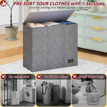 195L Laundry Hamper 3 Section,Large Laundry Hamper with Lid,Dirty Clothes Hamper with 3 Inner Bags,Collapsible Laundry Basket Organizer for Laundry Room,Bedroom,Laundry Sorter Hamper 3 Compartment