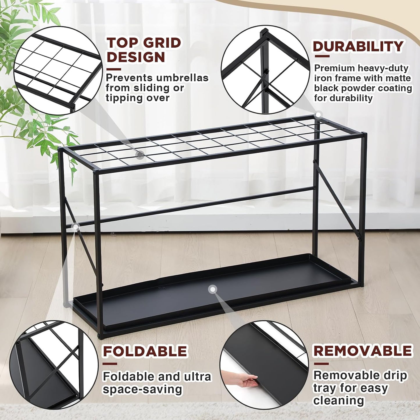 Colingmill Folding Umbrella Storage Stand Rack Holder Organizer Free Standing Umbrella Rack with Removable Drip Tray for Entryway Home Office Hotel Entry Hallway (L35.51 X W11.89 X H19.69 Inch)