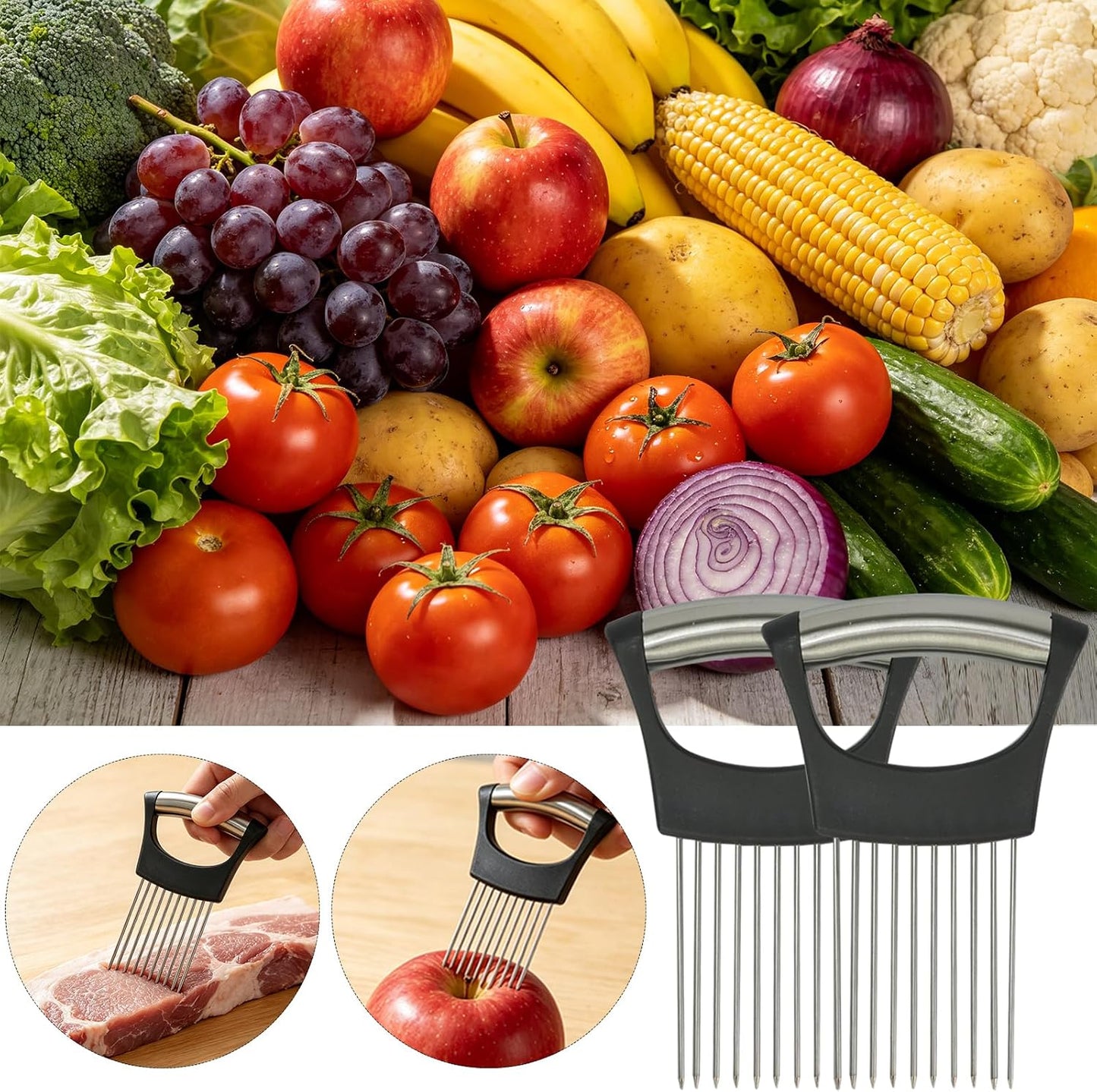 Zoyiancy 2 PCS Stainless Steel Onion Holder, Cutting Tool for Vegetables | Stainless Steel, Protective Cover, Non-Slip Grip, Easy To Wash, Dishwasher, Slices Veggies, Fruit Meat, Onion, Potato, Tomato