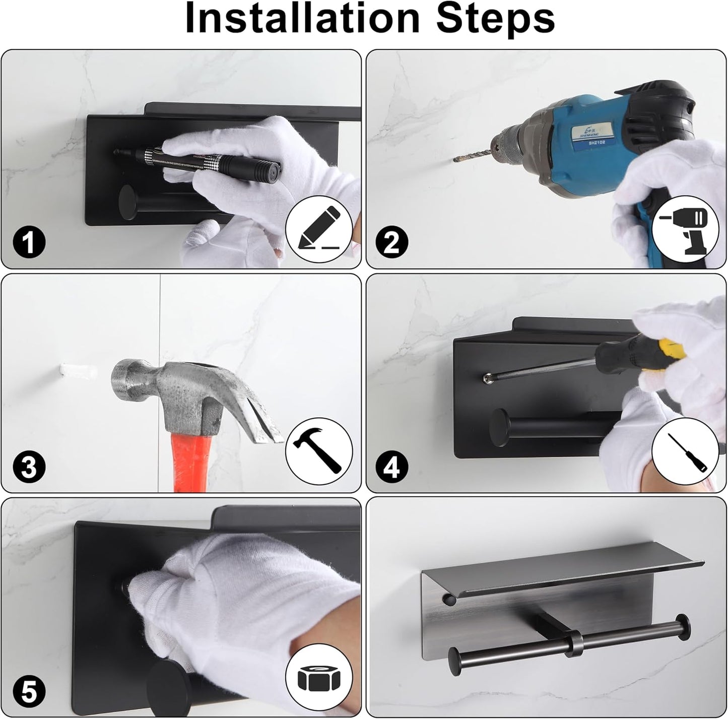 Black Toilet Paper Roll Holder with Shelf Wall Mounted for Bathroom (Black, Double Head)