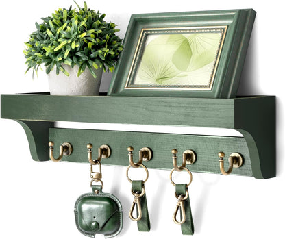 Rebee Vision Key Holder Wall Mount with 5 Hooks for Entryway, Retro Brown | Display Shelf for Plant & Letters, Key Shelf for Hats, Dog Leashes, Mail Organizer, Decorative Entryway & Living Room