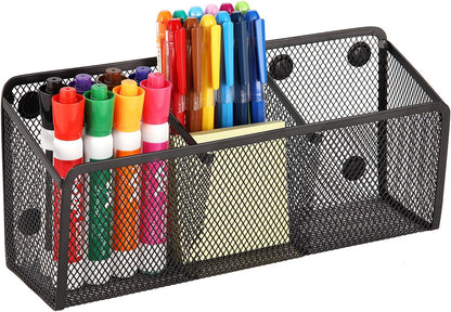 Magnetic Pencil Holder Whiteboard Pen Holder Locker Accessories (2-Slot*1) | Locker Organizer, Desk Organizer, Teacher Supplies, Mesh Basket, Strong Magnets, Black, For Fridge School Office Home