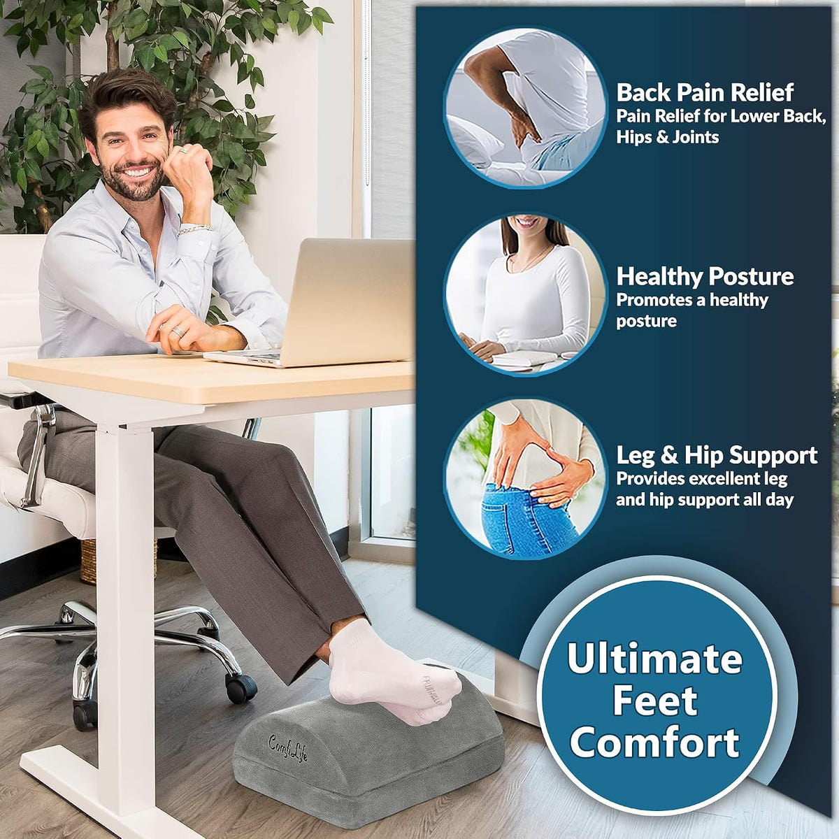 ComfiLife Foot Rest for Under Desk at Work – Adjustable Height Memory Foam Foot Stool for Under Desk, Office Chair & Gaming Chair – Ergonomic Footrest for Back & Hip Pain Relief (Black)