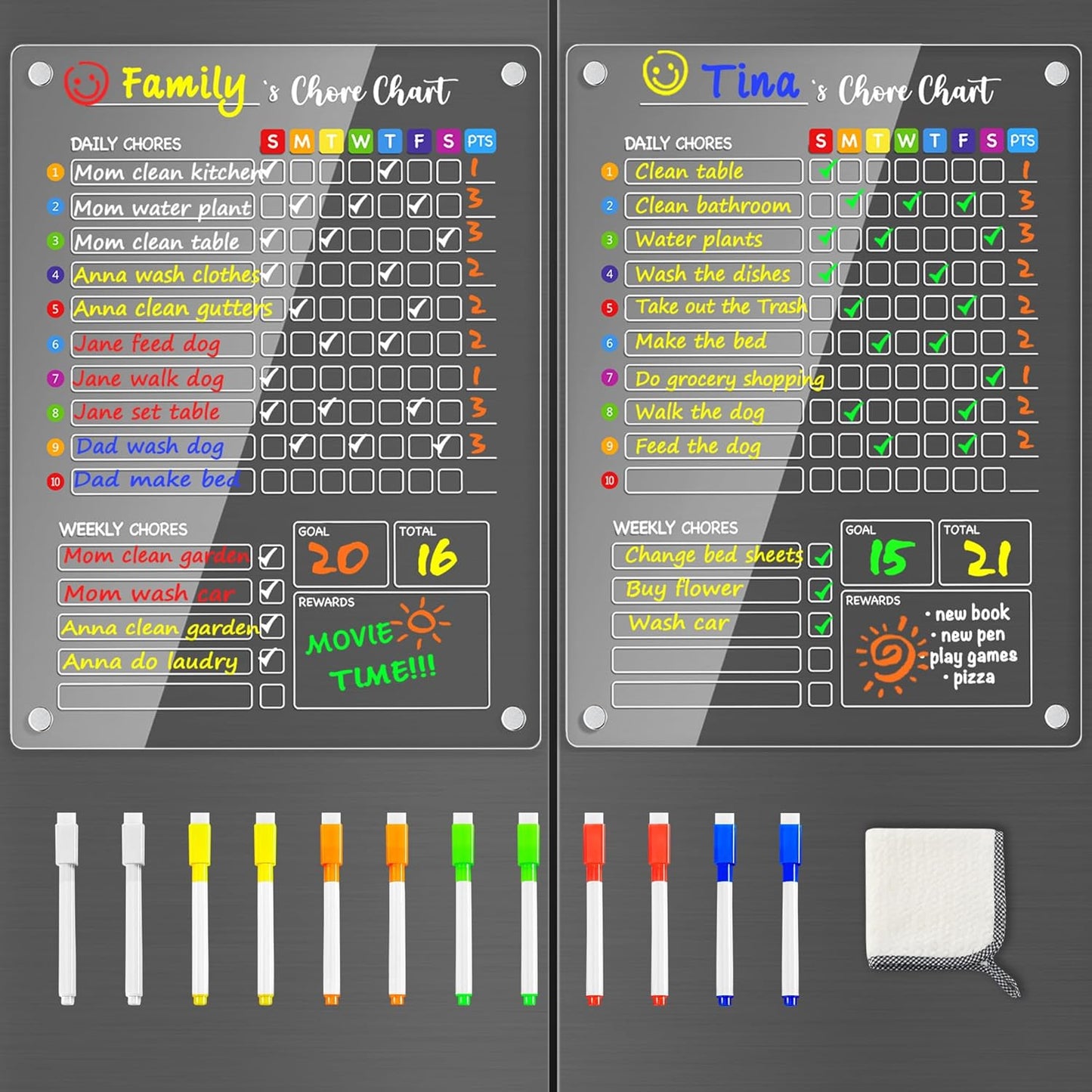PigPotParty 2-in-1 Acrylic Magnetic Chore Chart for 2 Kids, Large 16x12 in | Clear Dry Erase Fridge Chore Board for Teens, Roommates; Vibrant Layout; Embedded Magnets; 12 Wet-Erase Markers and Towel