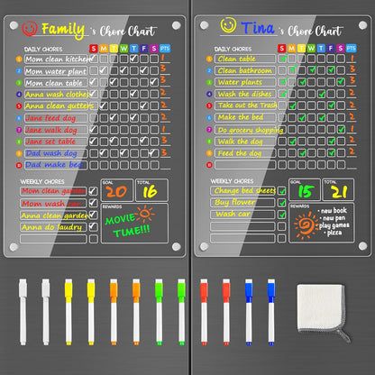 PigPotParty 2-in-1 Acrylic Magnetic Chore Chart for 2 Kids, Large 16x12 in | Clear Dry Erase Fridge Chore Board for Teens, Roommates; Vibrant Layout; Embedded Magnets; 12 Wet-Erase Markers and Towel