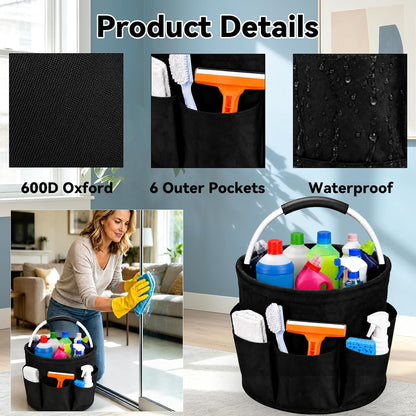 UFORU Cleaning Caddy with Handle, 17L Foldable Organizer with 6 Pockets | 600D Oxford Fabric, Durable, Waterproof, Large Capacity, Space-Saving Foldable, Multi Cleaning Bucket Bag for Home, Garden
