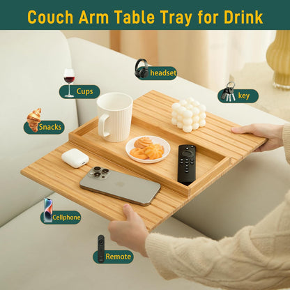 Bamboo Couch Arm Tray Table，Foldable Sofa Armrest Tray Table for Couch，Flexible and Anti-Slip Couch Arm Cup Holder，Portable Sofa Arm Chair Table for Drink,Cups, Eats，Snacks, Phone, Remote