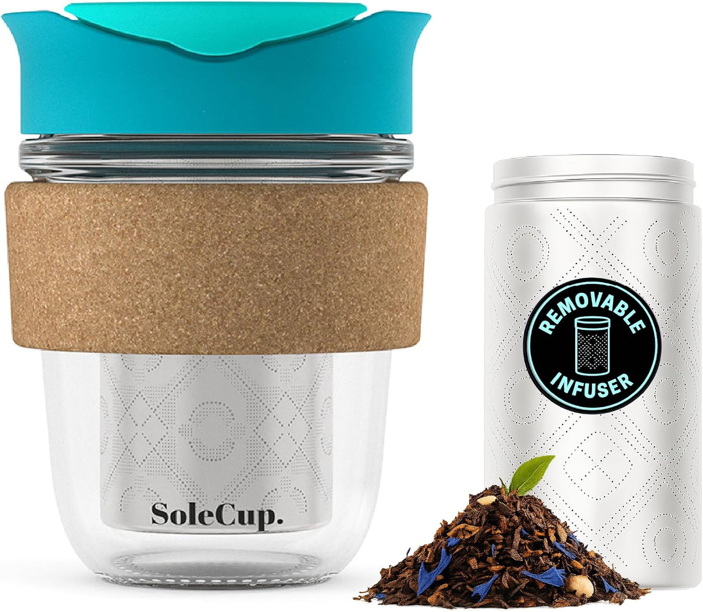Large Travel Mug Loose Tea Infuser - Detachable Tea Strainer with Spill Proof Lid - 18oz/530ml BPA-Free Reusable Glass Travel Coffee Cup with Cork Band (Pink, 18oz)