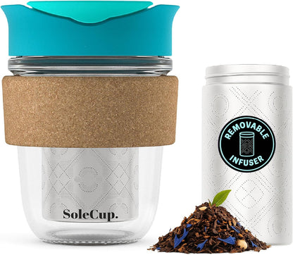 Large Travel Mug Loose Tea Infuser - Detachable Tea Strainer with Spill Proof Lid - 18oz/530ml BPA-Free Reusable Glass Travel Coffee Cup with Cork Band (Pink, 18oz)