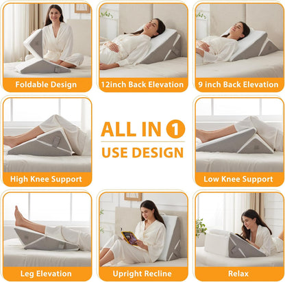 Ruqmuis Wedge Pillow Set for After Surgery, 3PCS Adjustable 9&12 Inch Bed Wedge Pillow for Sleeping, Incline Pillow Wedge for Headboard, Post Surgery, Acid Reflux, Neck&Back Support, White/Grey