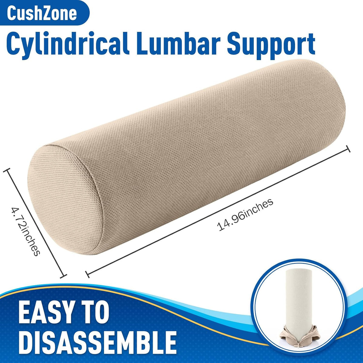 CushZone Lumbar Roll Support Pillow, Memory Foam Back Cushion, Black