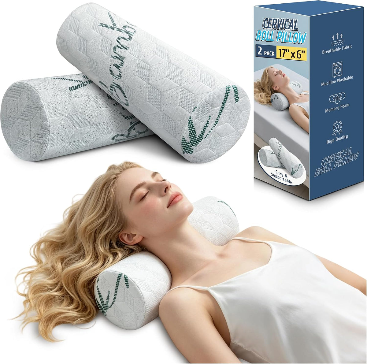 Cervical Roll Pillow, Cylinder Neck Pillow with Removable Washable Cover