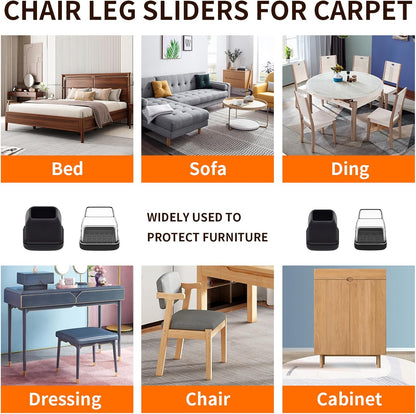 Ezprotekt Chair Leg Sliders for Carpet, 24 Pcs Square Chair Glides for Carpet, Carpet Furniture Pads Stool Leg Protectors Caps, Carpet Furniture Glides Quickly and Easily (L Fit:1" - 1.4")