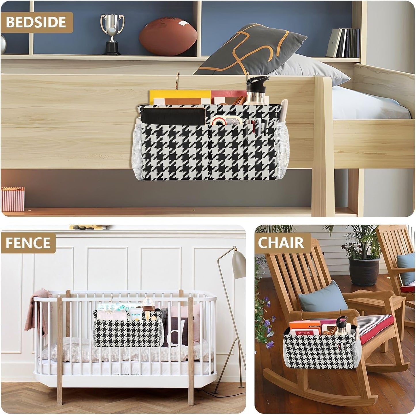 Black Bedside Caddy Storage Bag Bedside Organizer for Bed Rails College Dorm Room Organizer Caddy Hanging Shelf 6 Pockets with Hooks for Drinks Magazine Phone Holder